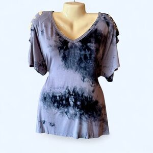 VOCAL Black and Gray Tie-Dye Cutout Sleeve Top